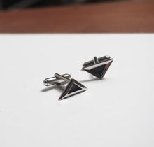 Load image into Gallery viewer, Silver with black enamel asymmetrical unisex cufflinks