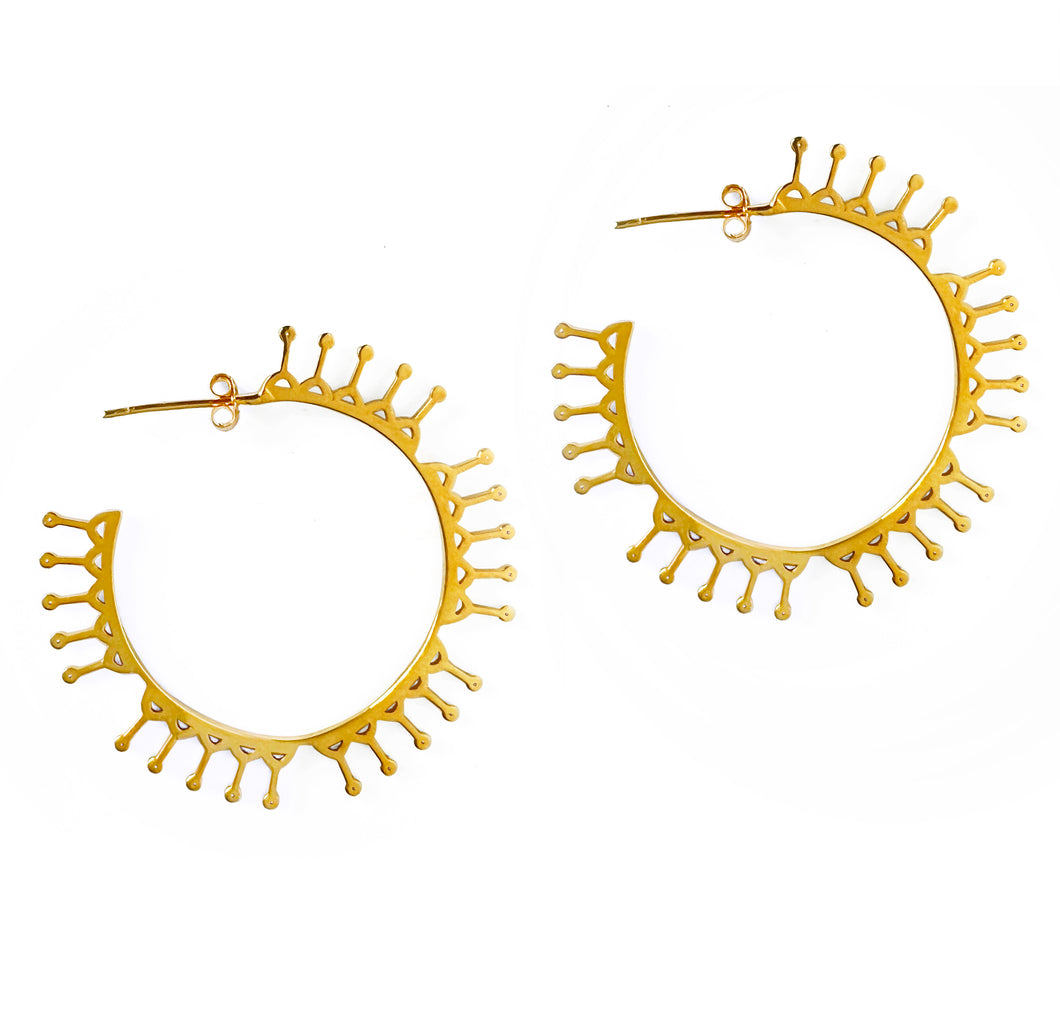 Yellow gold plated crown hoop earrings