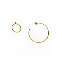 Load image into Gallery viewer, Yellow gold minimalist asymmetrical circle earrings