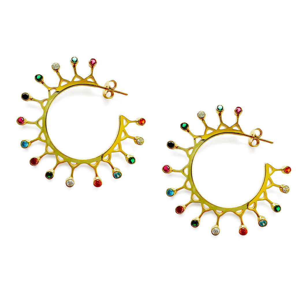 Yellow gold plated hoop crown earrings with multi color zirchone stones