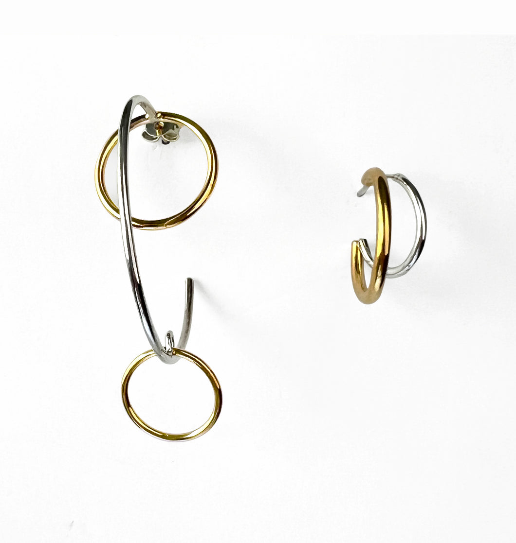 Silver and yellow gold plated asymmetrical hoop earrings