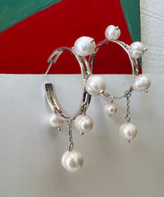 Load image into Gallery viewer, Silver and pearl hoop earrings