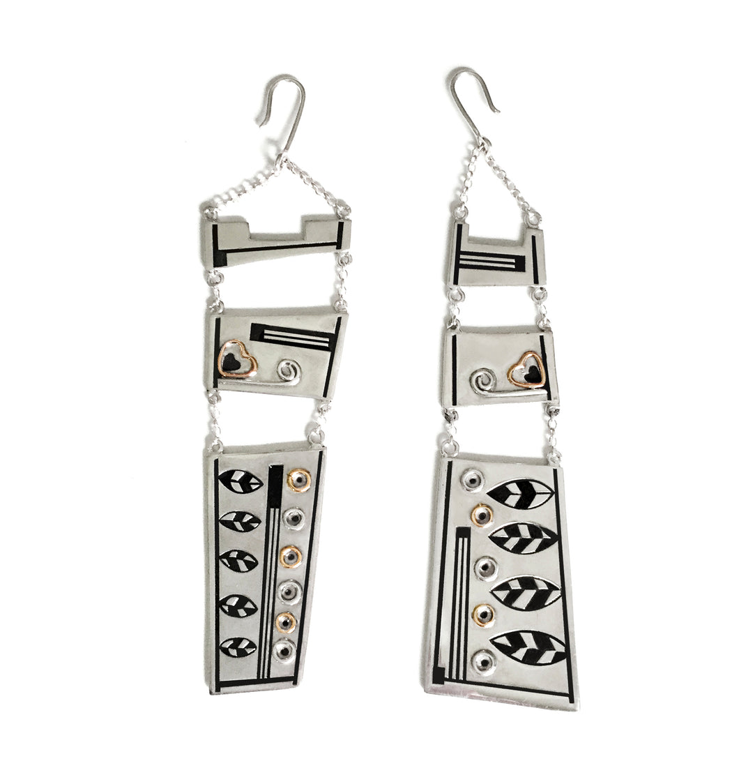 Artistic tryptic asymmetrical silver earrings