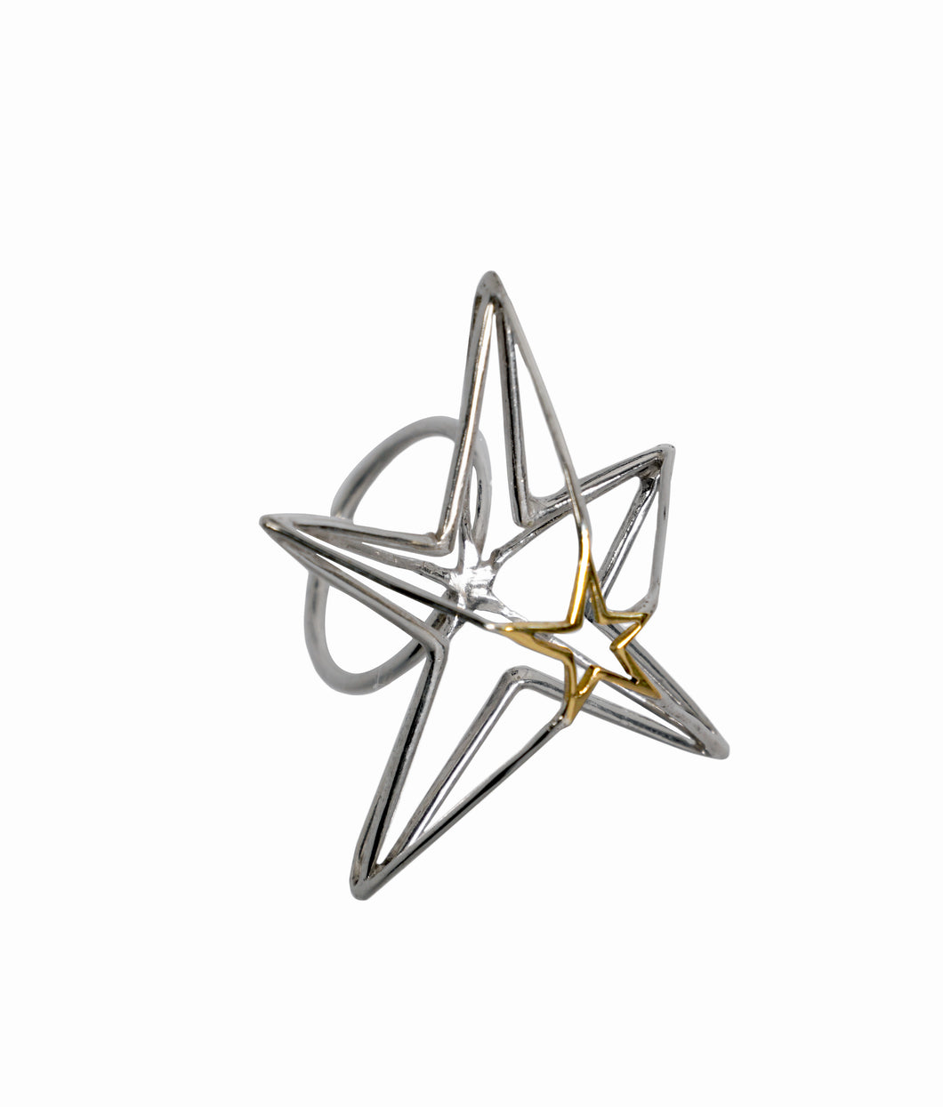 Silver with yellow gold plated sculptural star statement ring