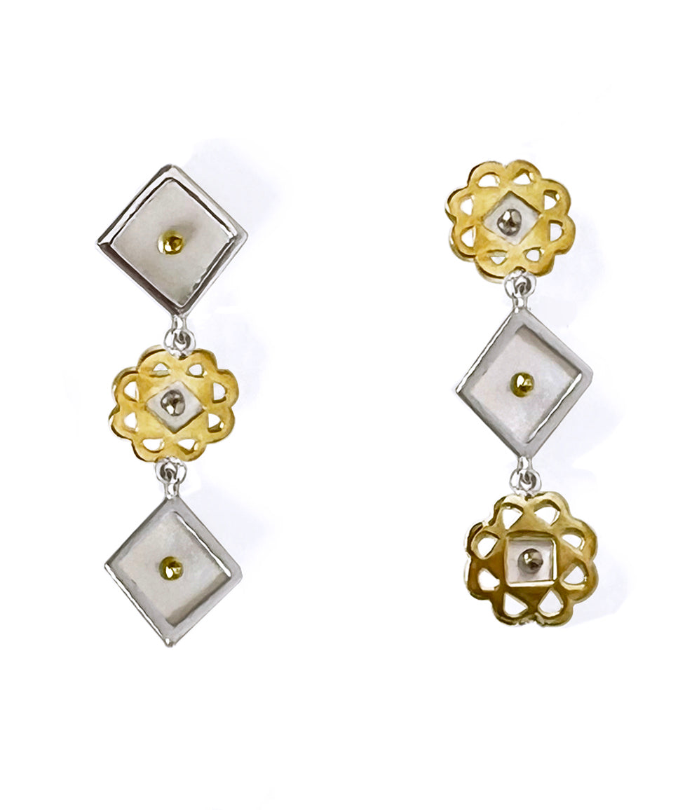 Silver with yellow gold embellished with mother-of-pearl asymmetrical earrings