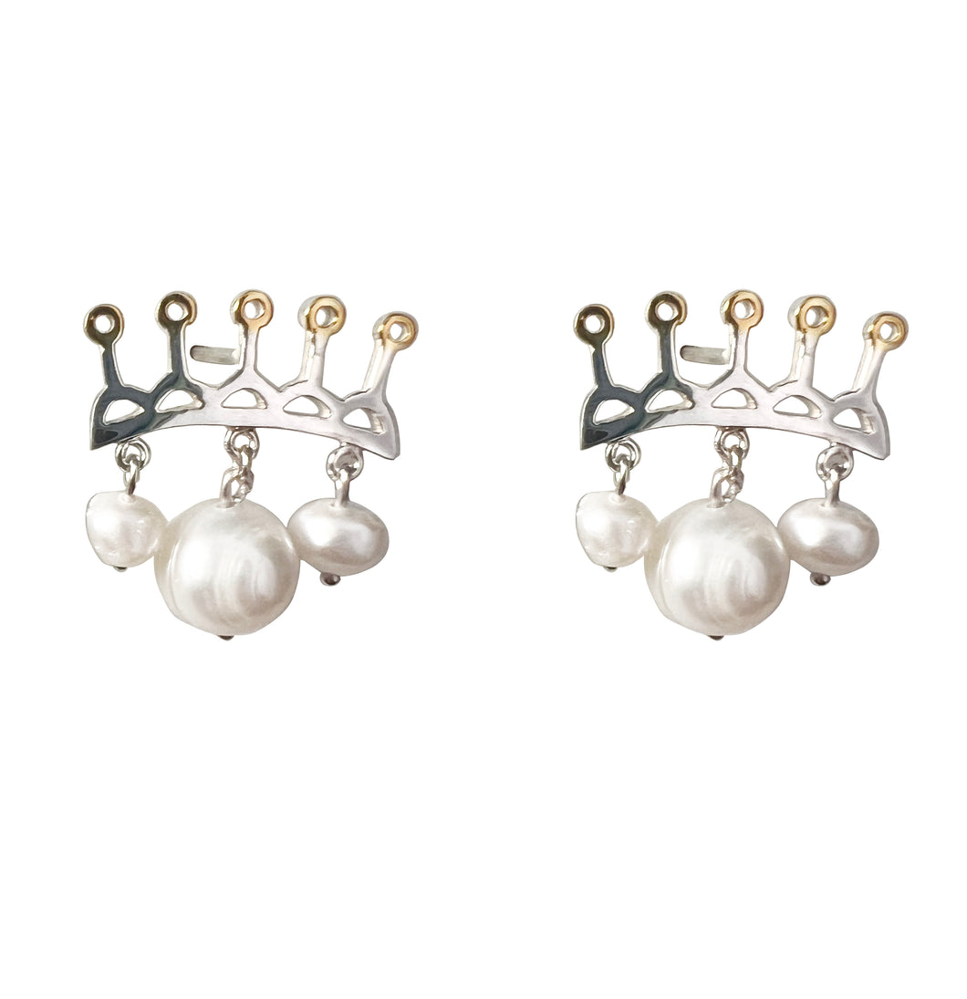 Silver with yellow gold plated crown multi-pearl earrings