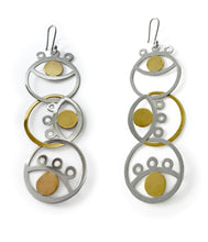 Load image into Gallery viewer, Asymmetrical silver with yellow gold plated trio eyes earrings
