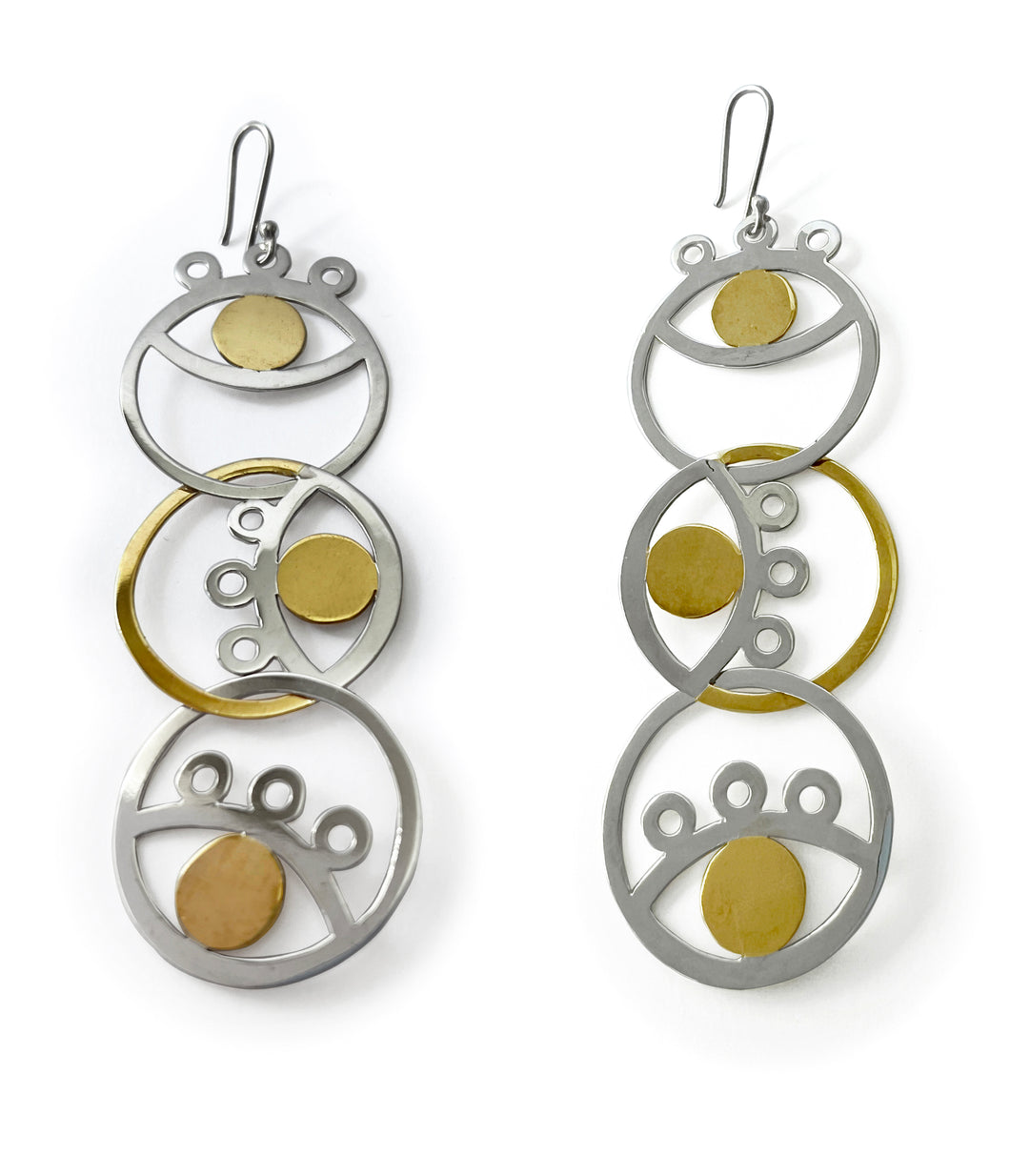Asymmetrical silver with yellow gold plated trio eyes earrings