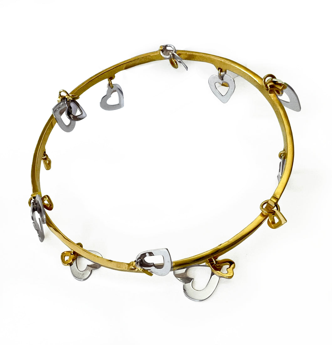 Multi hearts silver with yellow gold plated bangle