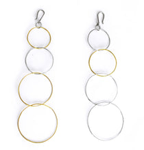 Load image into Gallery viewer, Silver and yellow gold plated asymmetrical dangly multi-circles earrings.
