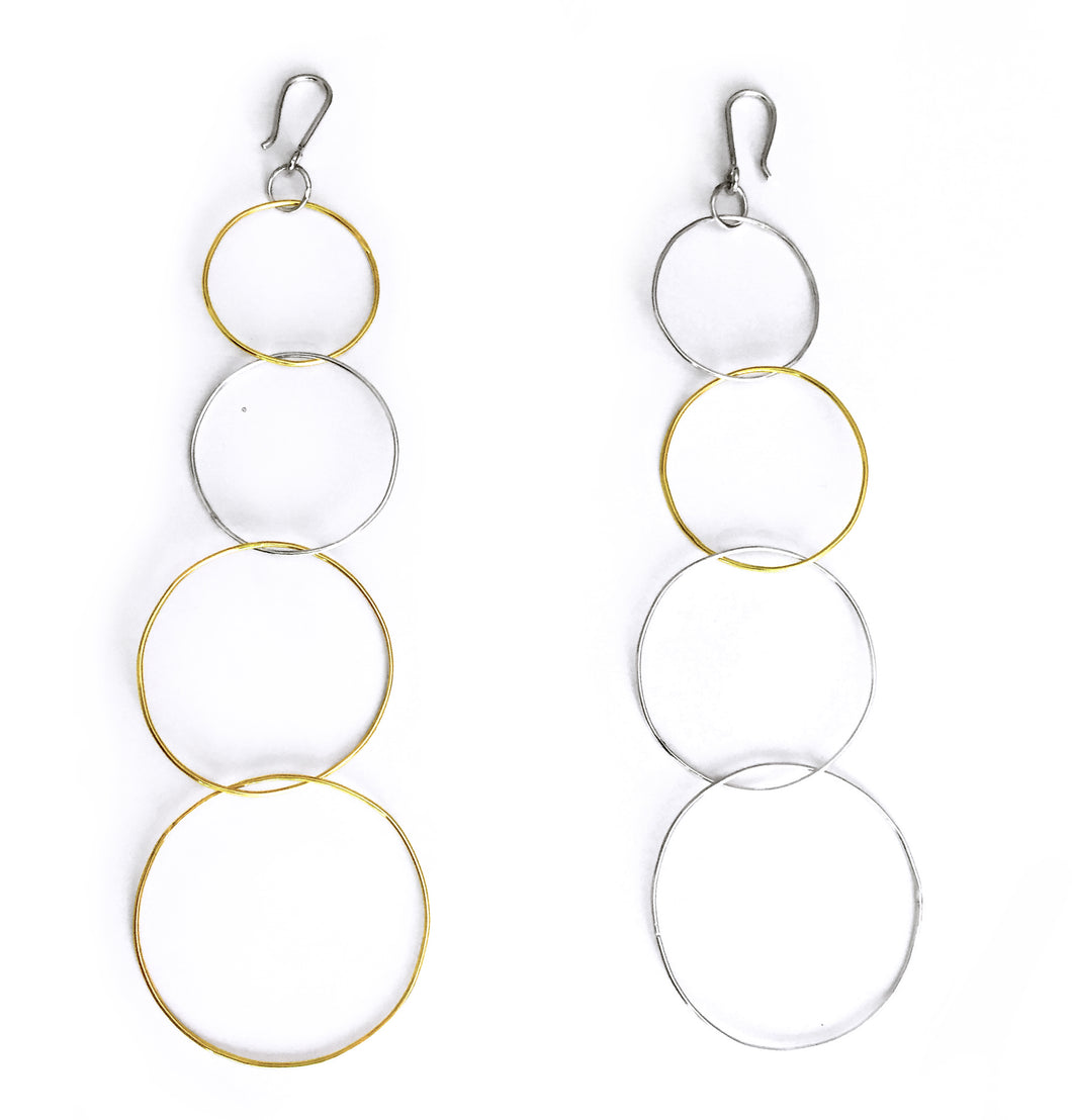 Silver and yellow gold plated asymmetrical dangly multi-circles earrings.