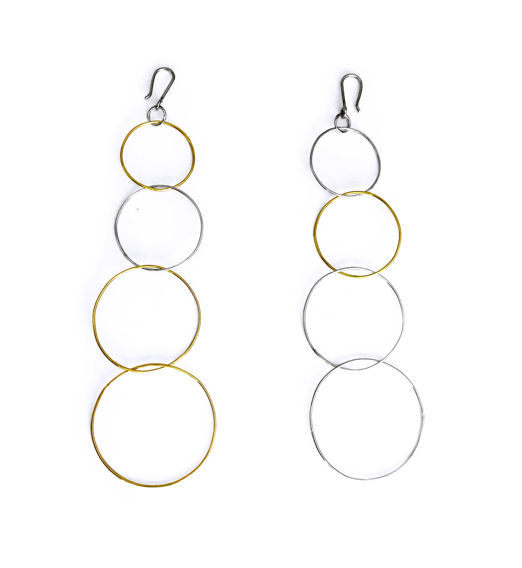 Silver with yellow gold plated multi-circle mega long earrings