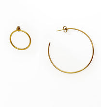 Load image into Gallery viewer, Yellow gold minimalist asymmetrical circle earrings
