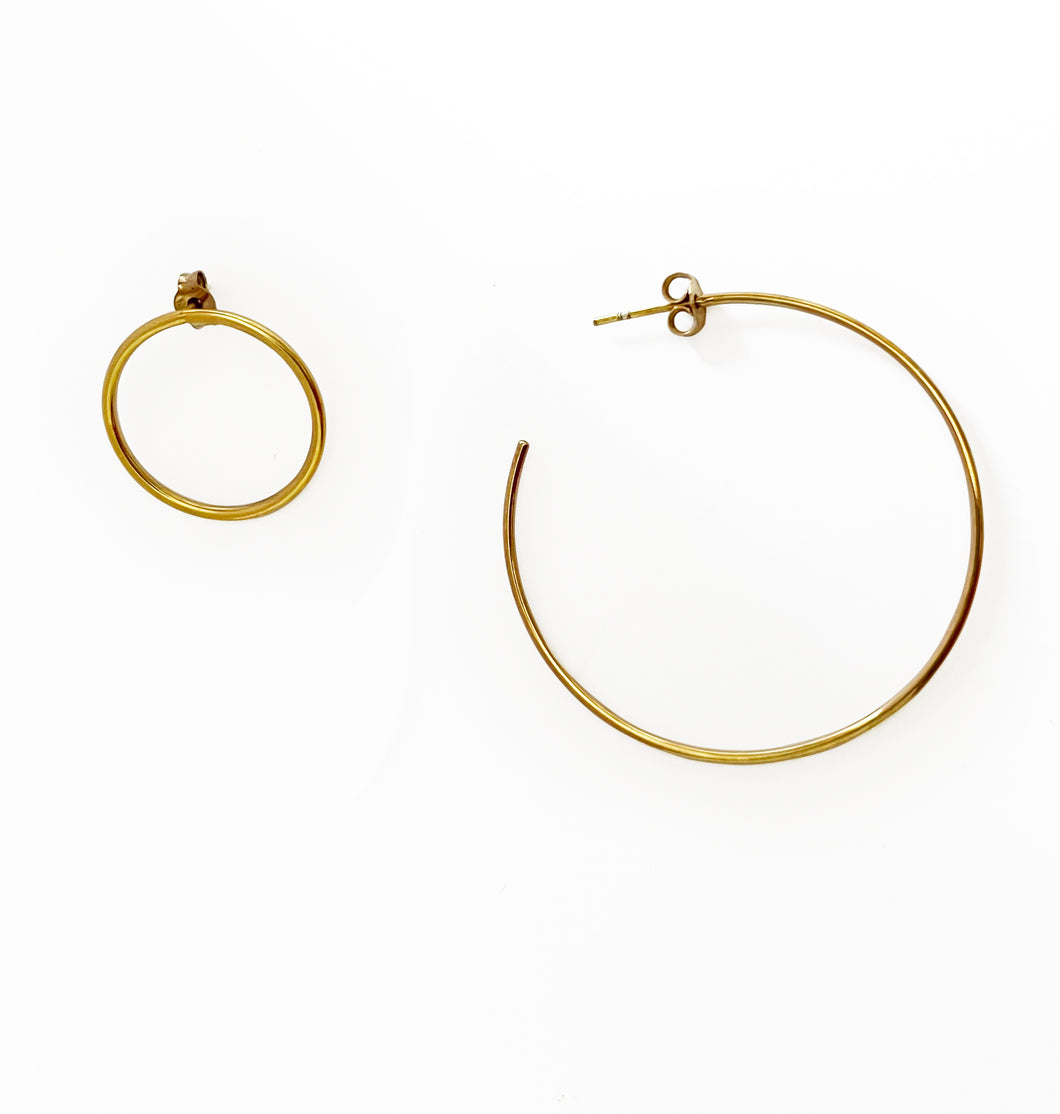 Yellow gold minimalist asymmetrical circle earrings