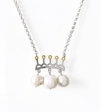 Load image into Gallery viewer, Silver with yellow gold plated 3- pearl crown necklace
