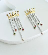 Load image into Gallery viewer, Silver and yellow gold plated crown earrings with stones
