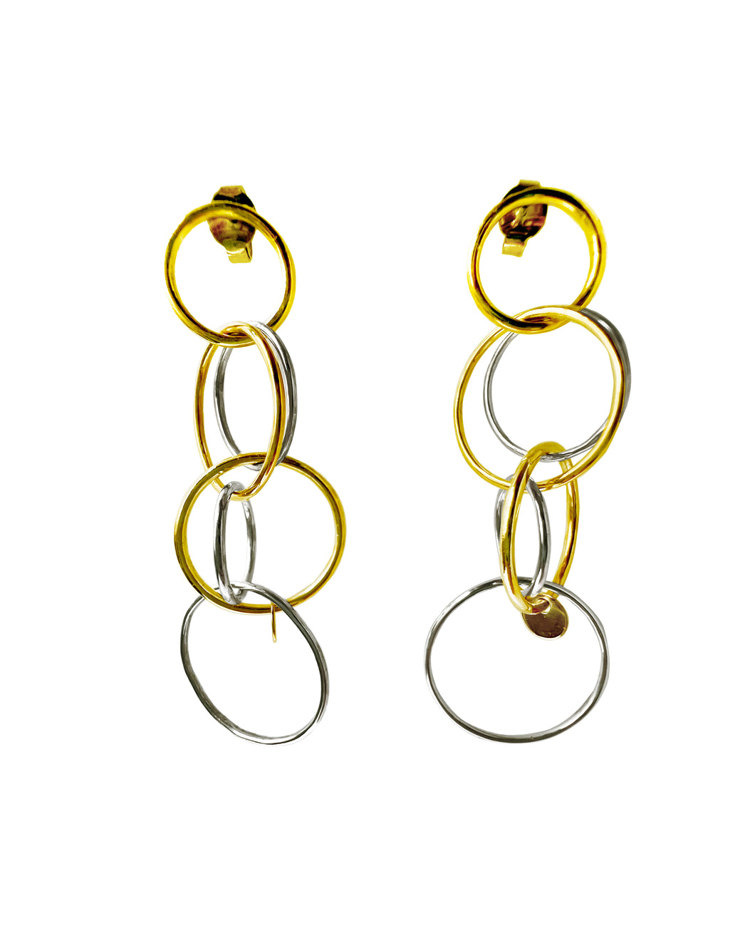 Silver and yellow gold plated circles dangly earrings