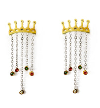 Load image into Gallery viewer, Silver and yellow gold plated crown earrings with stones
