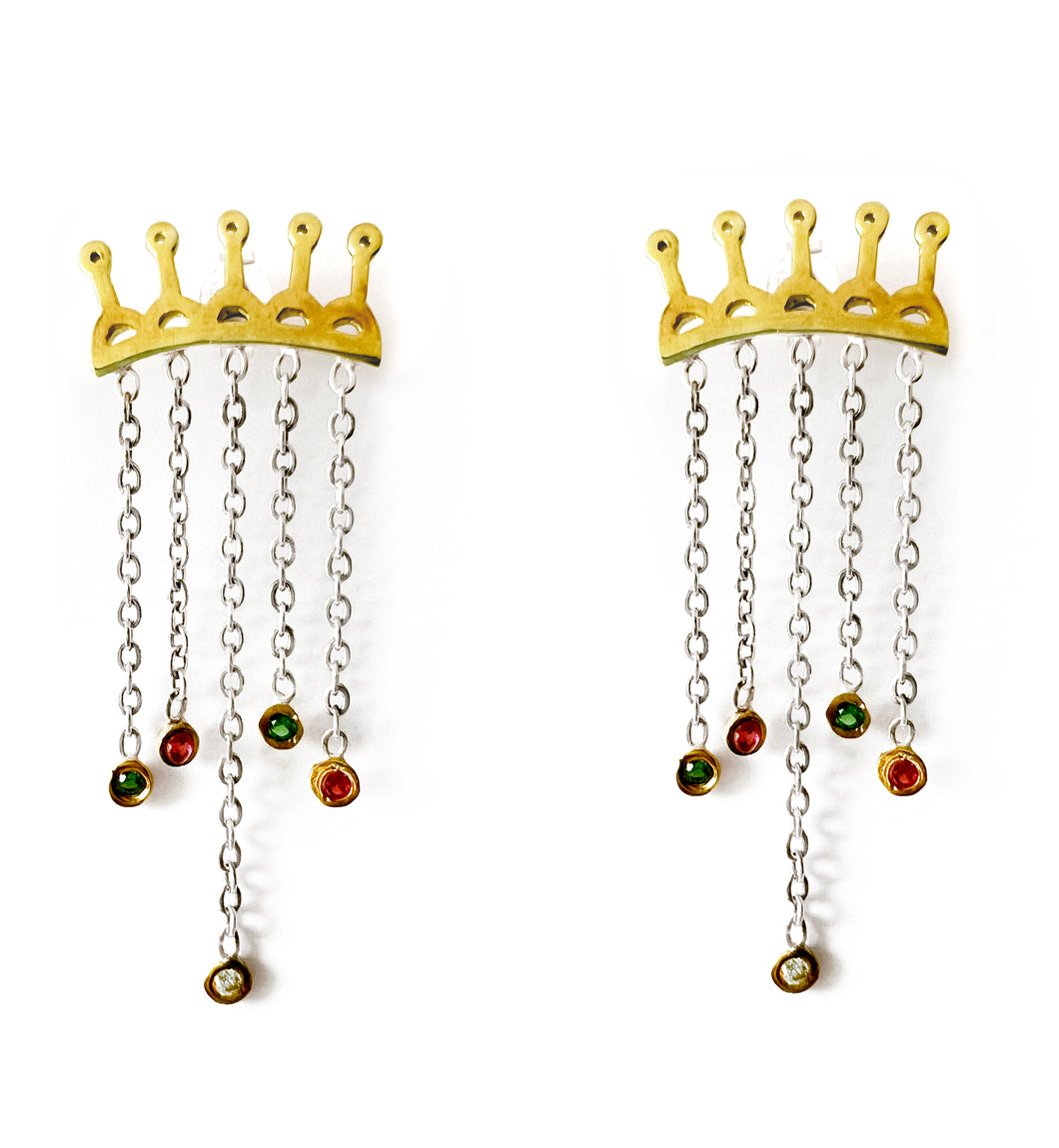 Silver and yellow gold plated crown earrings with stones