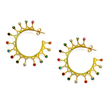 Load image into Gallery viewer, Yellow gold plated hoop crown earrings with multi color zirchone stones
