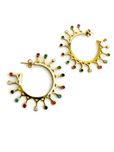Load image into Gallery viewer, Yellow gold plated hoop crown earrings with multi color zirchone stones
