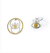 Load image into Gallery viewer, Silver with yellow gold plated asymmetrical eye earrings
