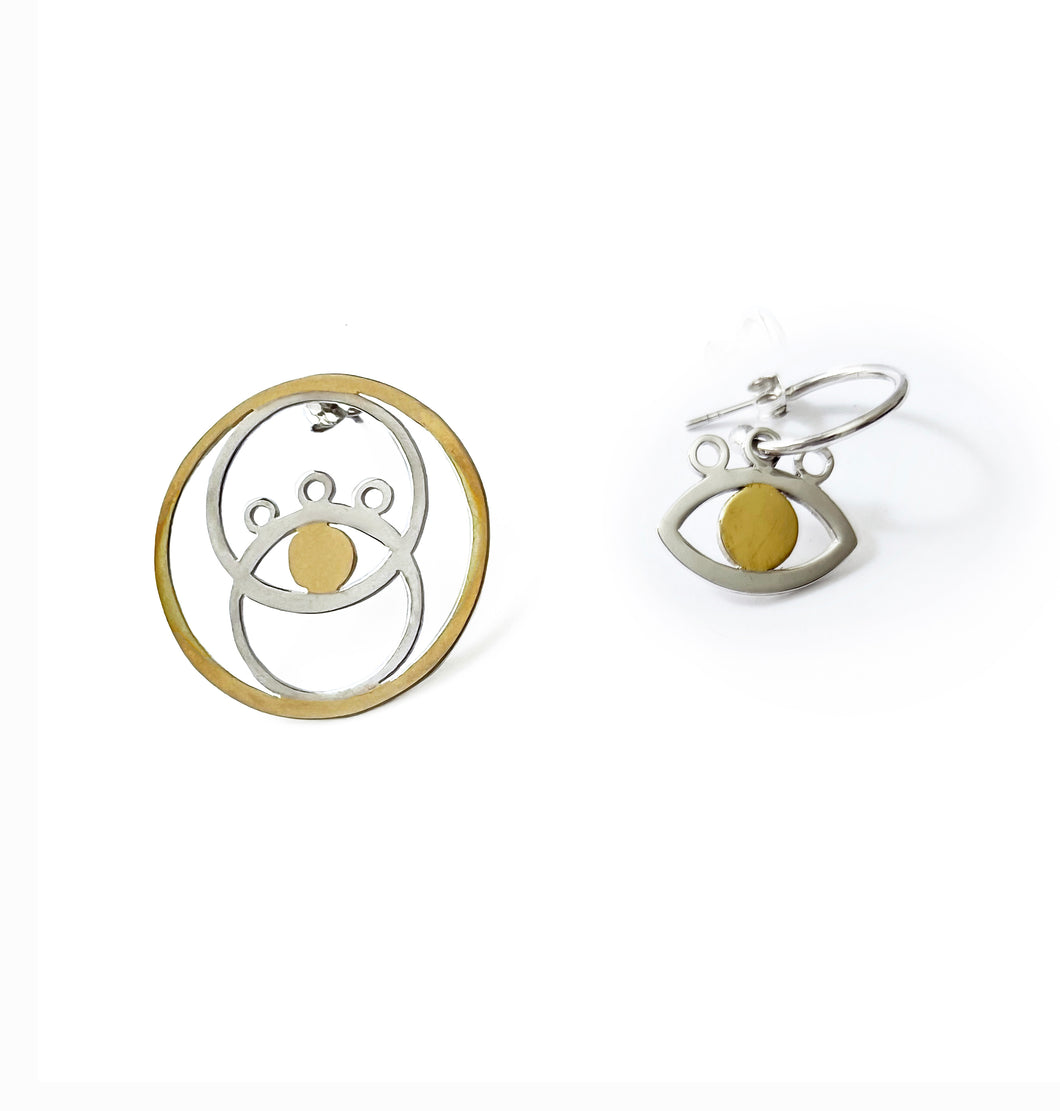 Silver with yellow gold plated asymmetrical eye earrings