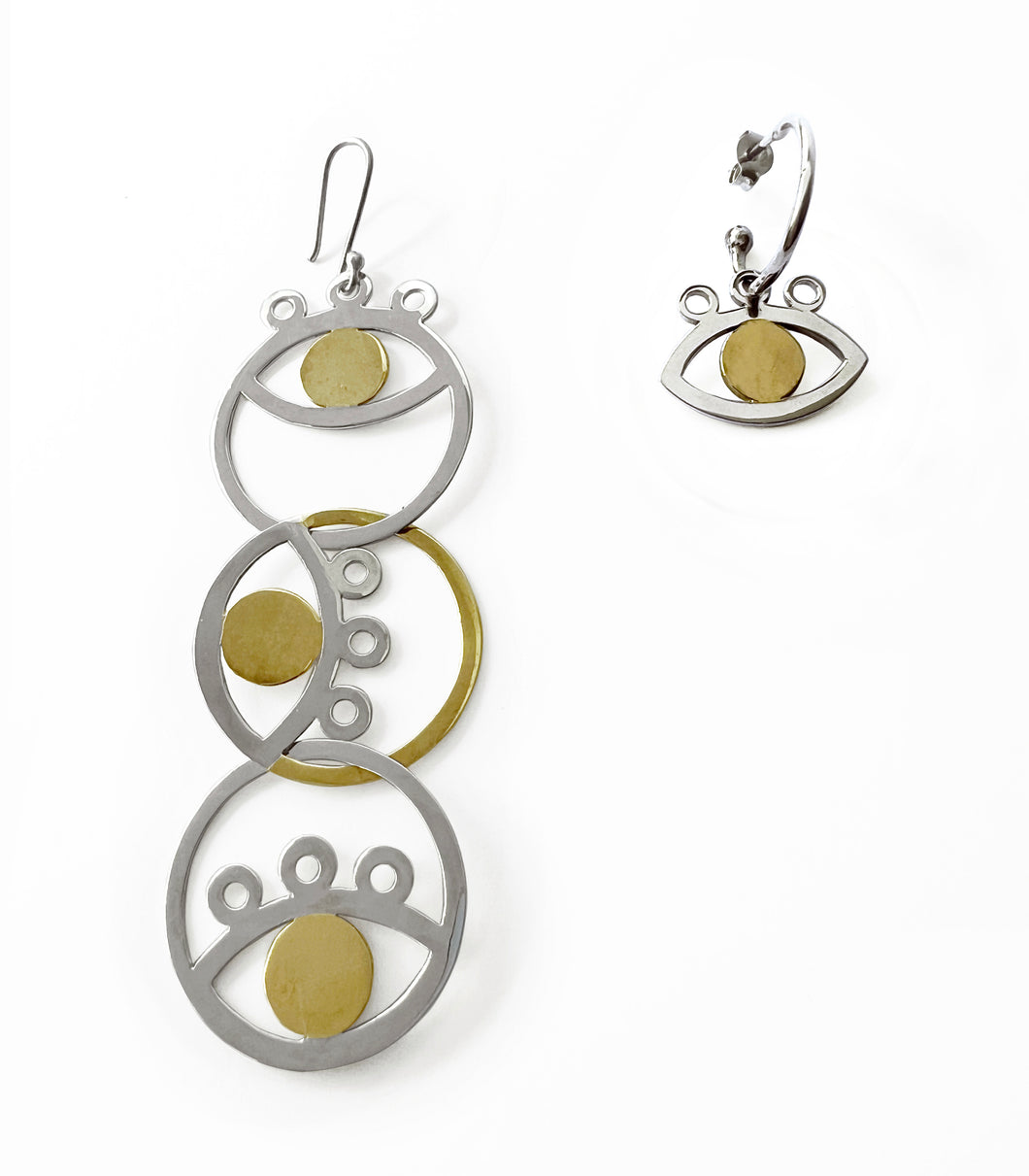 Silver with yellow gold plated asymmetrical multi eyes earrings