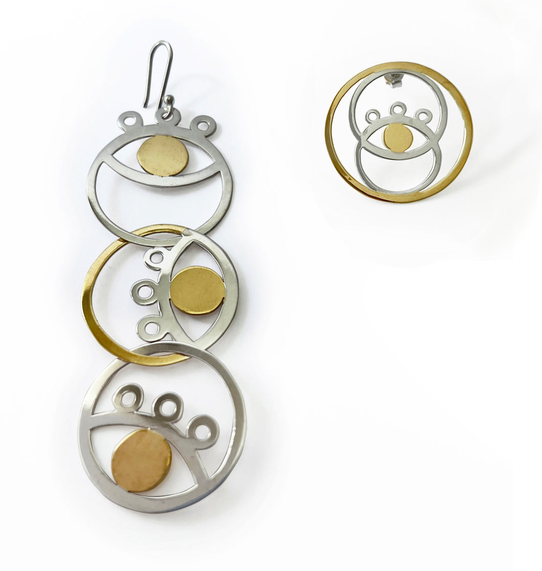 Silver with yellow gold plated asymmetrical multi-eye earrings