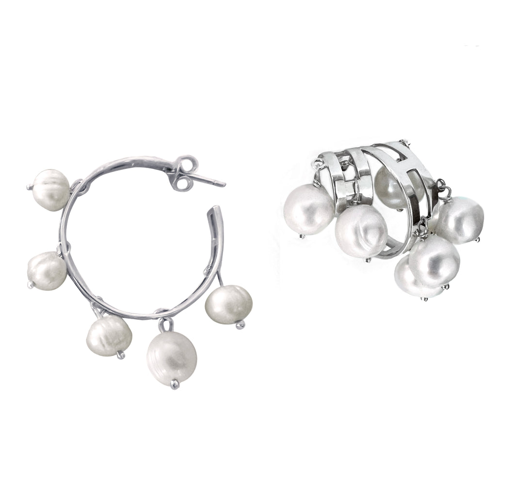 Silver & pearls asymmetrical earrings