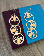 Load image into Gallery viewer, Asymmetrical silver with yellow gold plated trio eyes earrings
