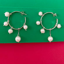 Load image into Gallery viewer, Silver and pearl hoop earrings
