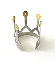 Load image into Gallery viewer, Silver crown cuff bracelet with gold plated spikes
