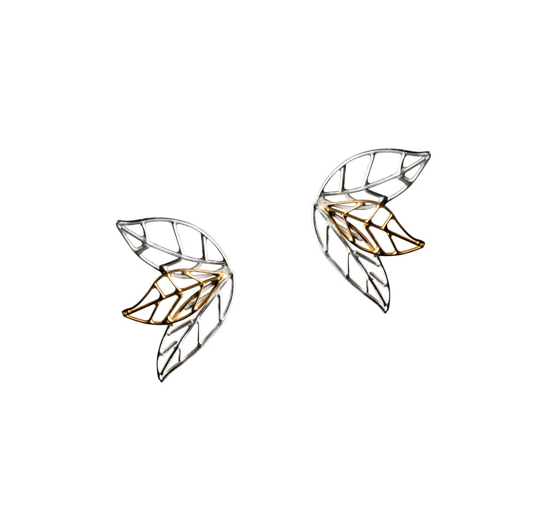 Artistic leaves silver and yellow gold plated earrings